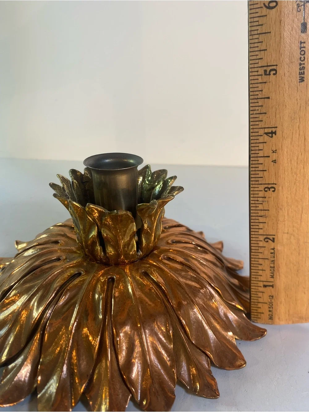 Vintage Heavy Brass Leaf Taper Candle Holder 6.5” Diameter